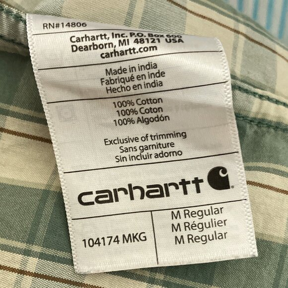 Carhartt Men's Medium M Green Midweight‎ Button-Front Plaid Short Sleeve Shirt - Picture 5 of 5